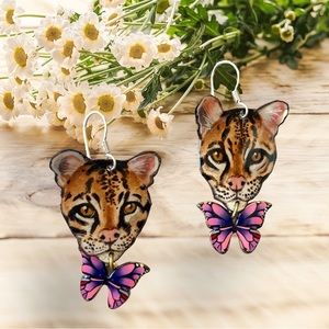 Handpainted Ocelot earrings cats butterflies OOAK wildcats leopards